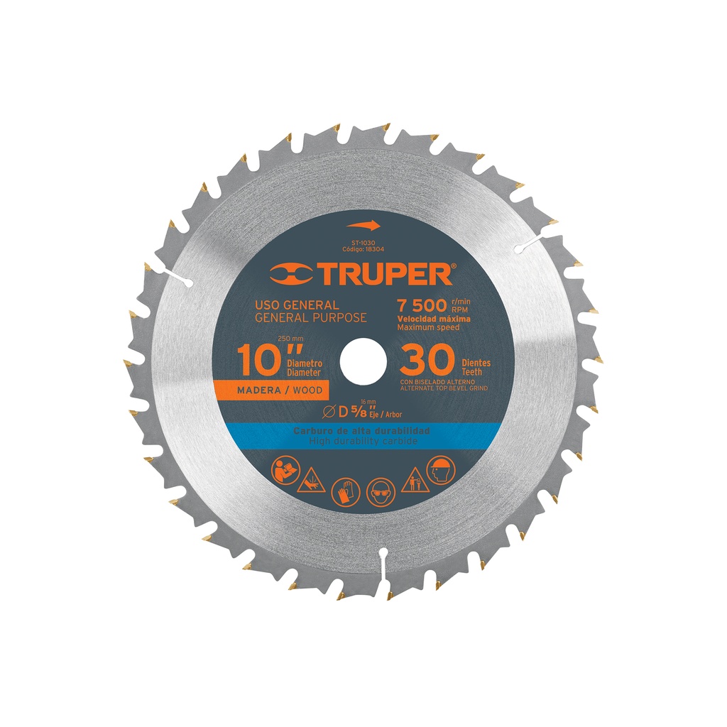 Disco sierra 10' para madera, 30 dientes centro 5/8', Truper - Pag 143