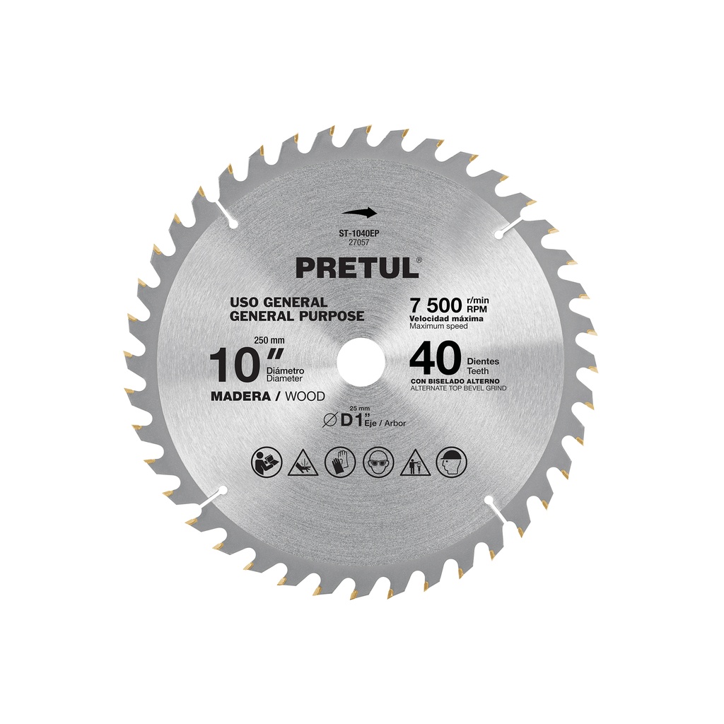 Disco sierra 10' para madera, 40 dientes centro 1', Pretul