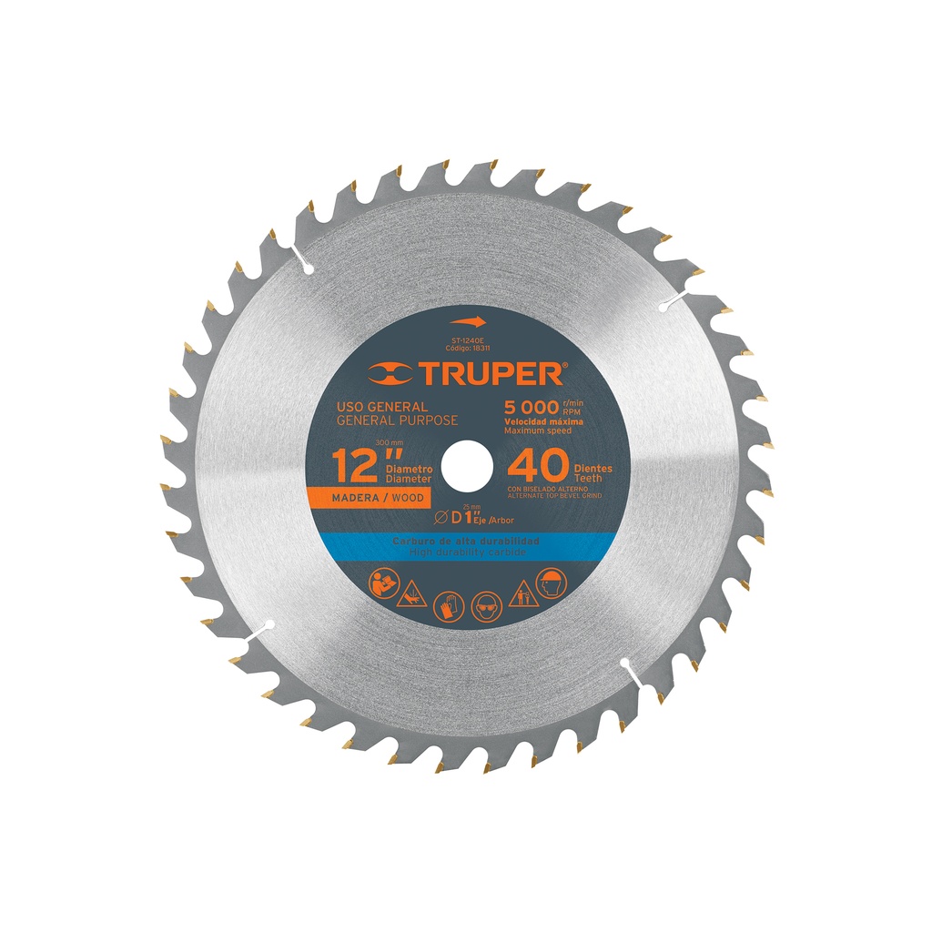 [T18311] Disco sierra 12' para madera, 40 dientes centro 1', Truper