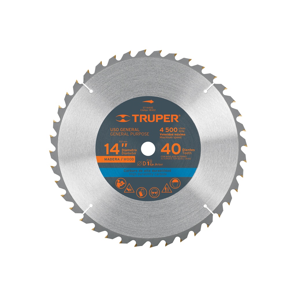 Disco sierra 14' para madera, 40 dientes centro 1', Truper - Pag 143