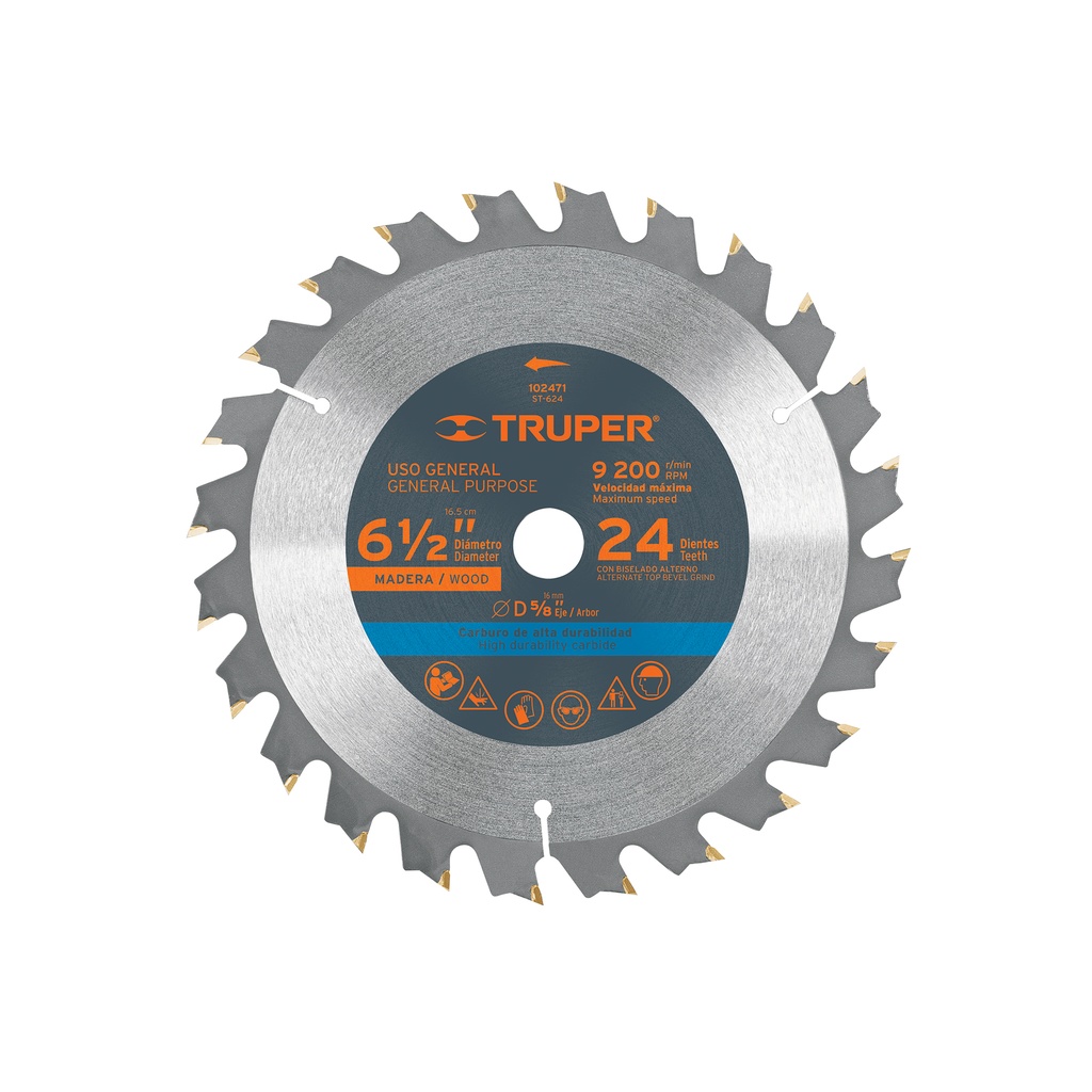 Disco sierra 6-1/2' p/madera, 24 dientes con centro 5/8'