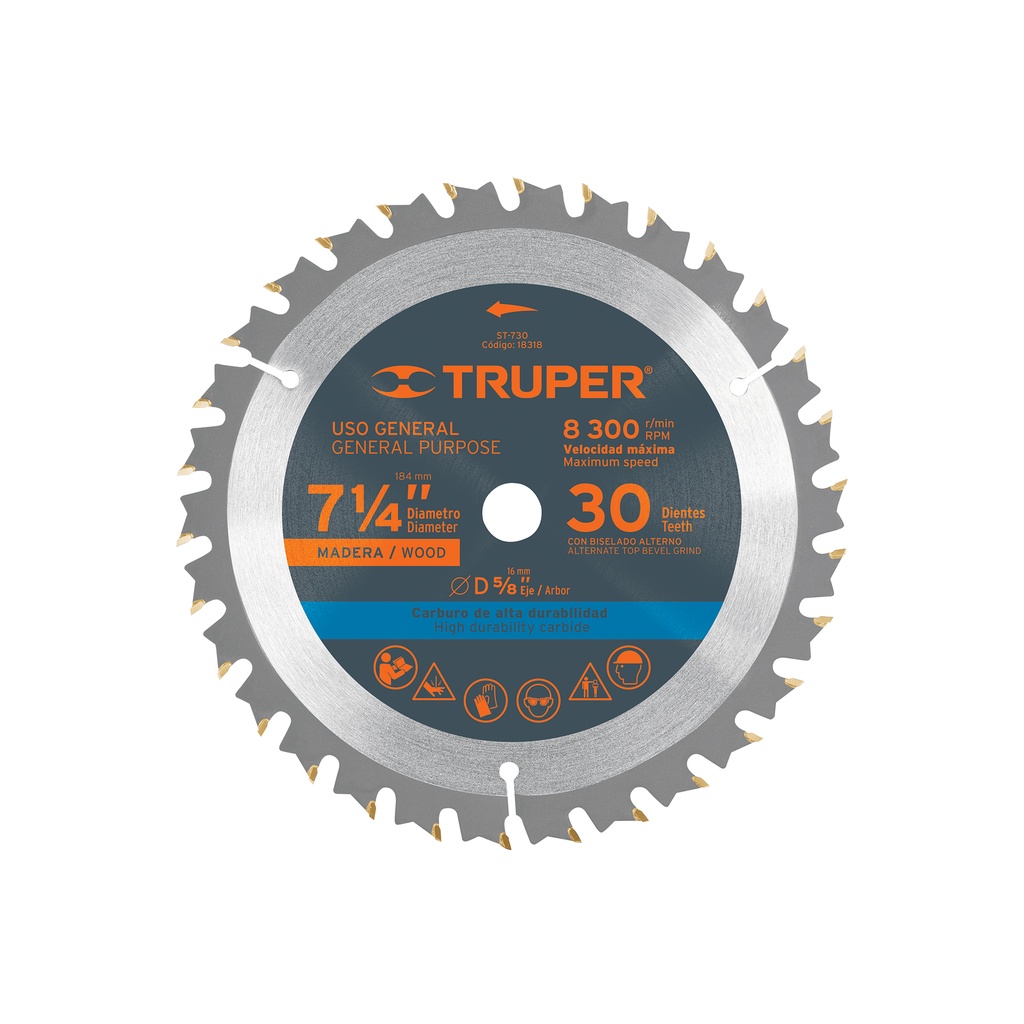 [T18318] Disco sierra 7- 1/4' para madera, 30 dientes centro 5/8'