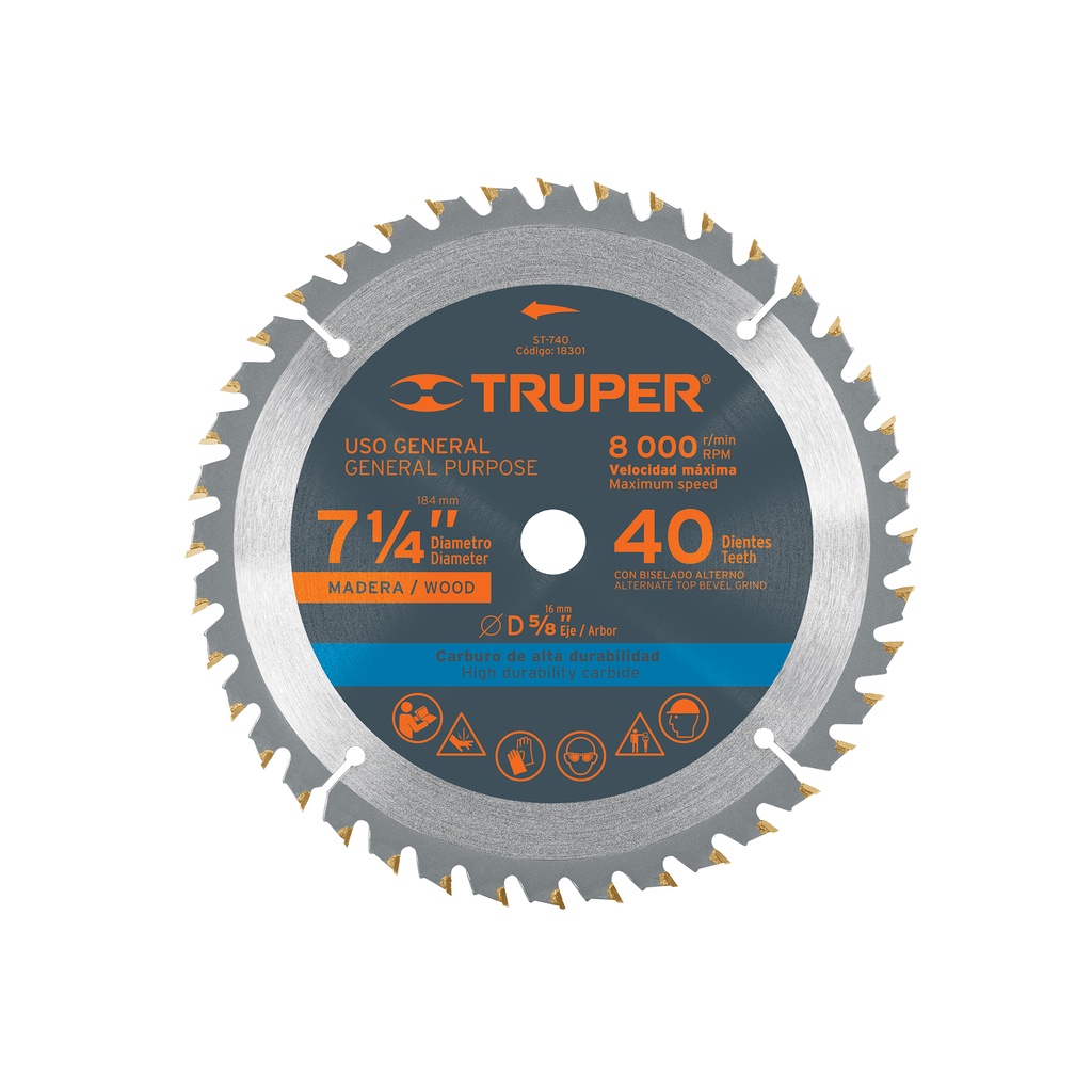 [T18301] Disco sierra 7- 1/4' para madera, 40 dientes centro 5/8'