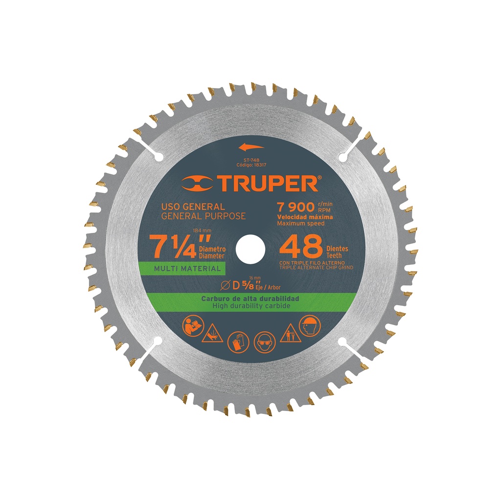 Disco sierra 7-1/4' multimaterial, 48 dientes centro 5/8'