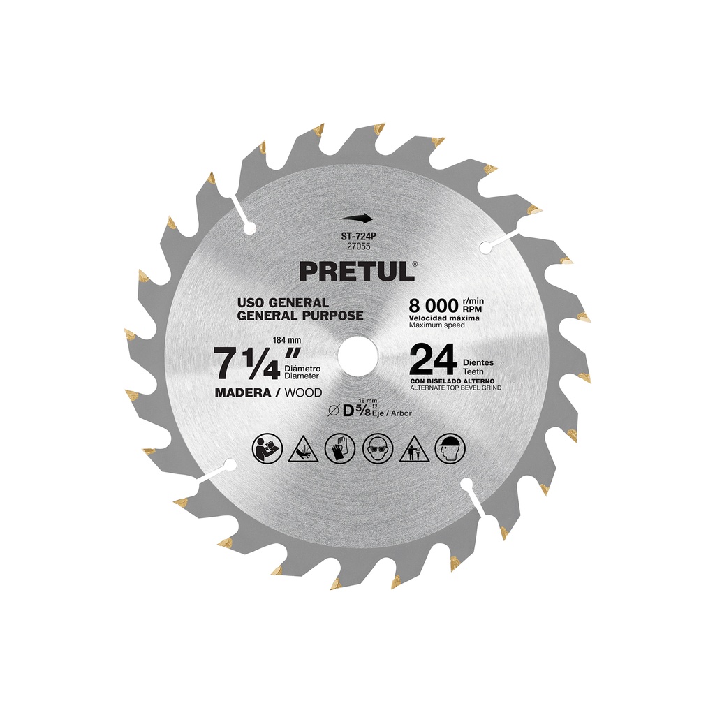 Disco sierra 7-1/4' p/madera, 24 dientes centro 5/8', Pretul - Pag 143