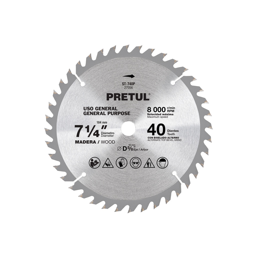 [T27056] Disco sierra 7-1/4' p/madera, 40 dientes centro 5/8', Pretul
