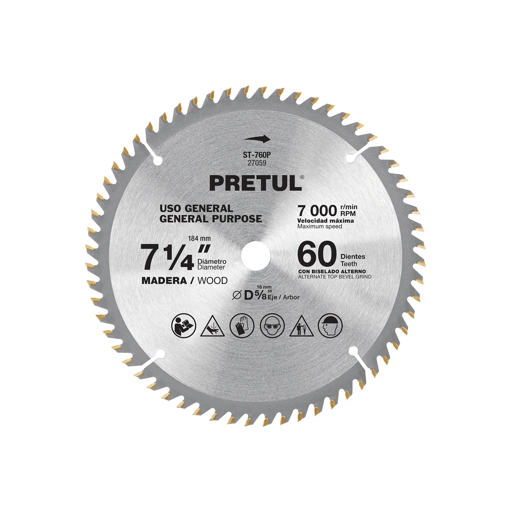 [T27059] Disco sierra 7-1/4' p/madera, 60 dientes centro 5/8', Pretul