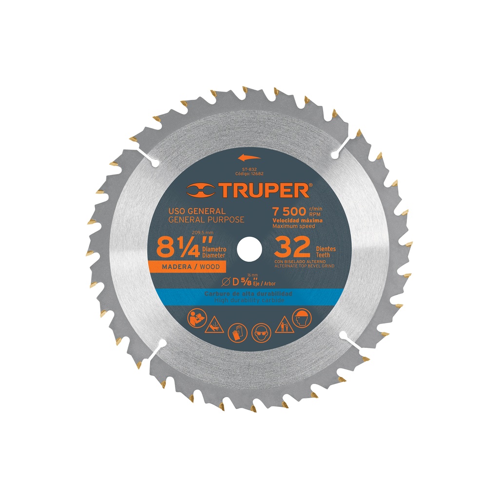 Disco sierra 8-1/4' para madera, 32 dientes centro 5/8'