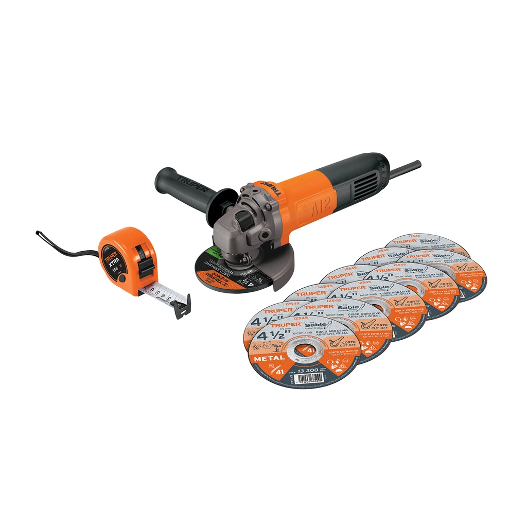 Esmeriladora 4-1/2' 700 W, 10 discos y flexómetro, Truper