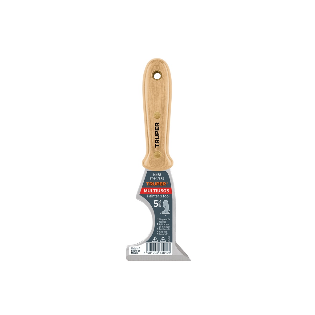 Espátula 2-1/2' de 5 usos con mango de madera, Truper