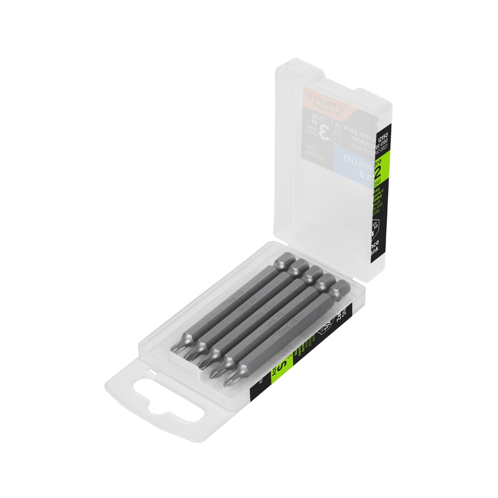 [T12150] Estuche con 5 puntas de cruz PH0 largo 3', Truper Expert
