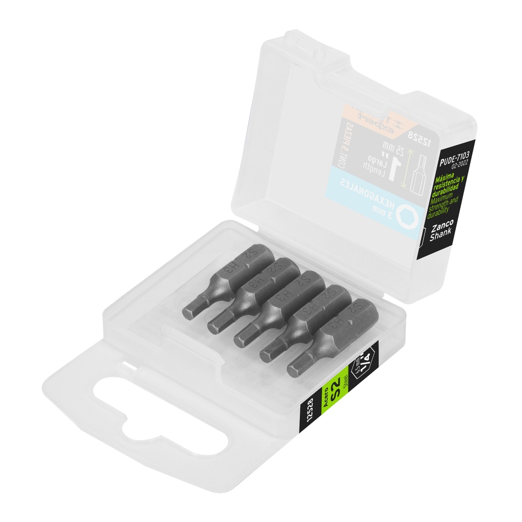 [T12528] Estuche con 5 puntas hexagonales de 3 mm largo 1', Expert