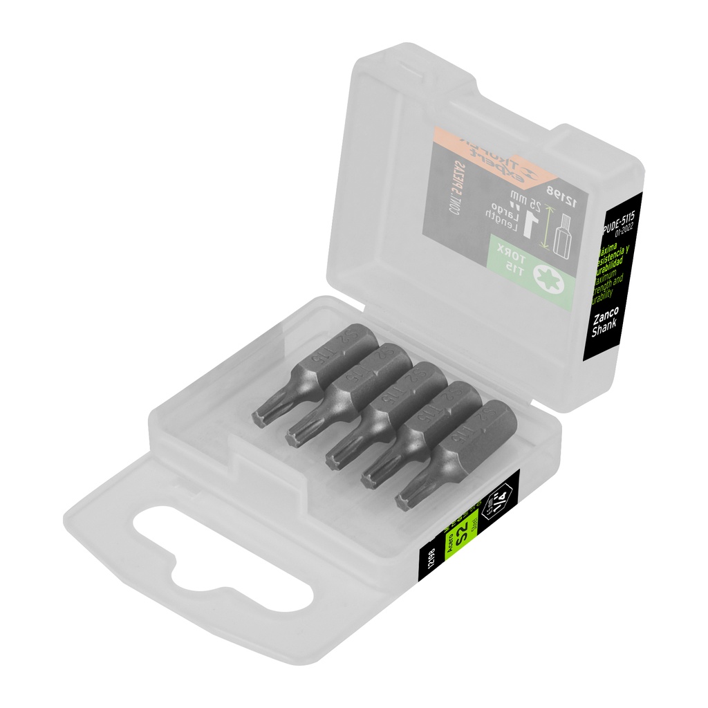 [T12198] Estuche con 5 puntas torx T15 largo 1', Truper Expert