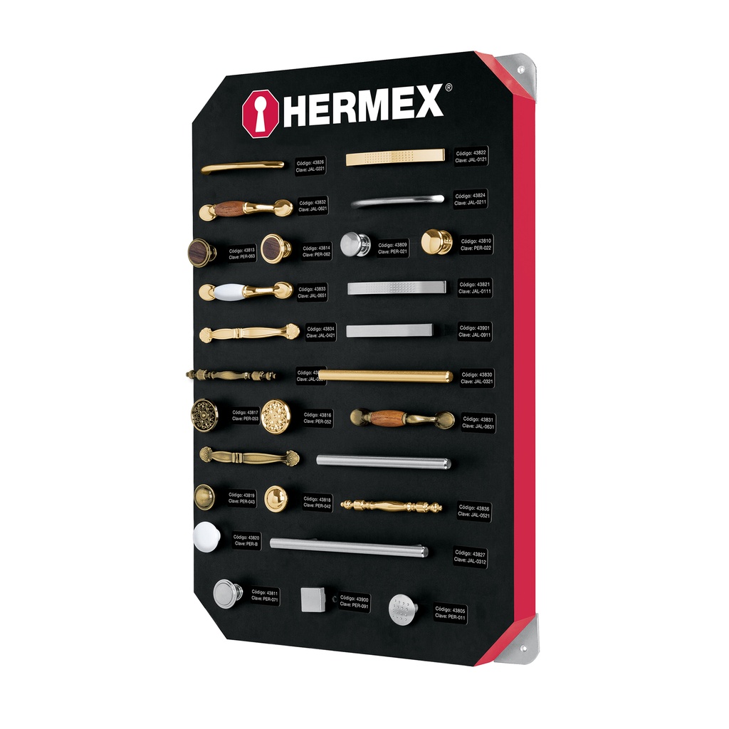 [T53001] Exhibidor con jaladeras y perillas, 1 tablero, Hermex