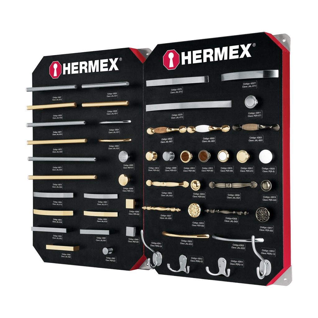 [T53002] Exhibidor con jaladeras y perillas, 2 tableros, Hermex