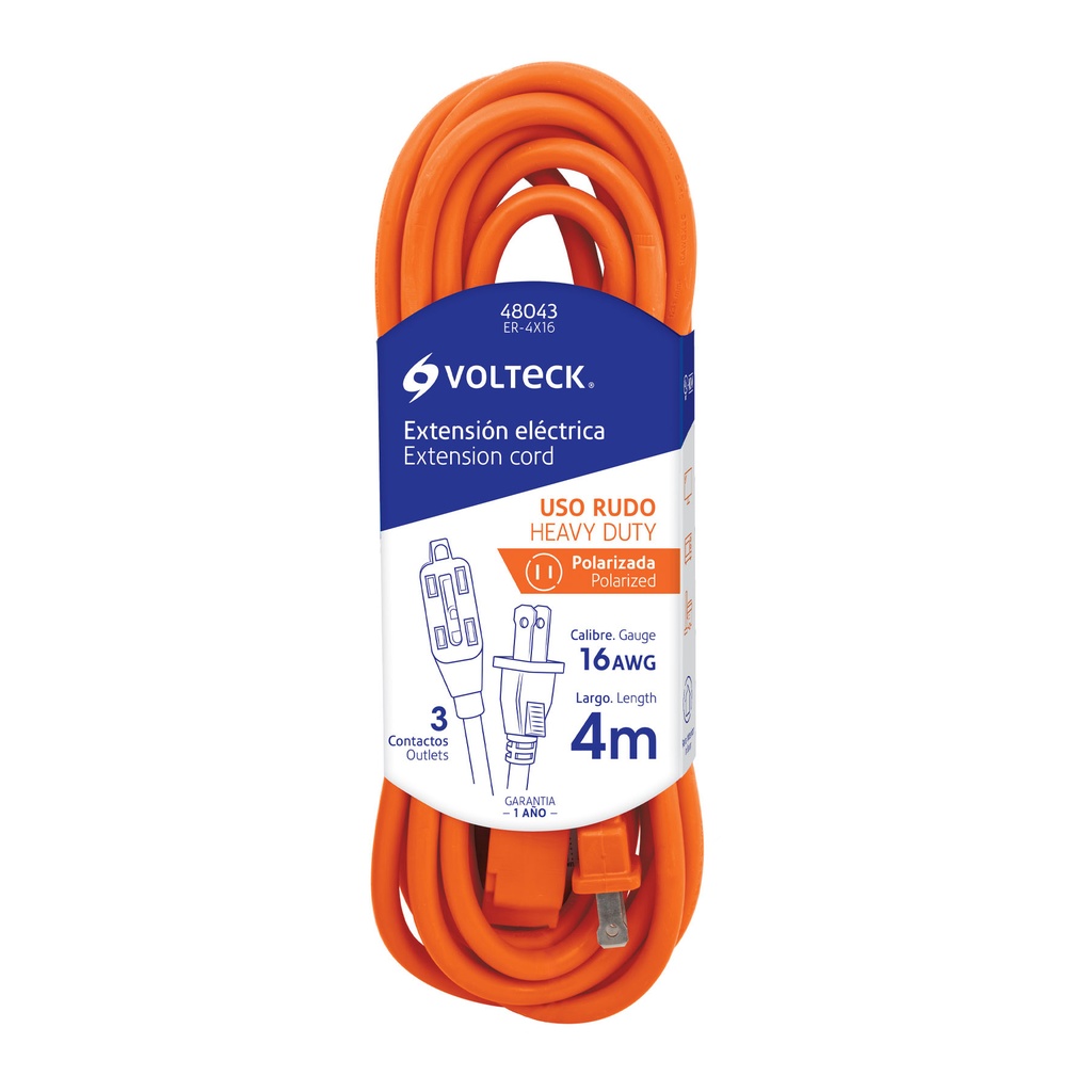 [T48043] Extensión eléctrica de uso rudo 4 m 2x16 AWG, Volteck
