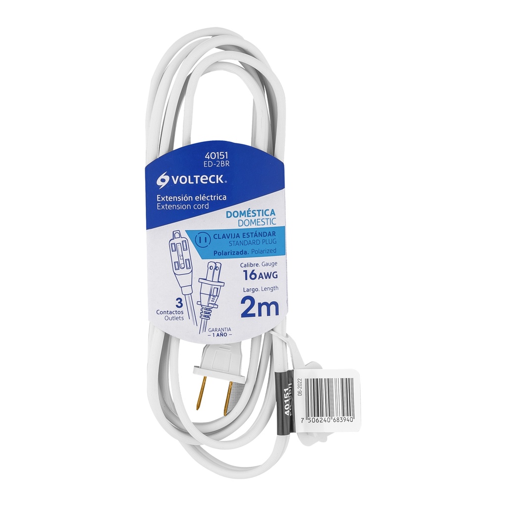 [T40151] Extensión eléctrica doméstica 2 m blanca con clavija recta