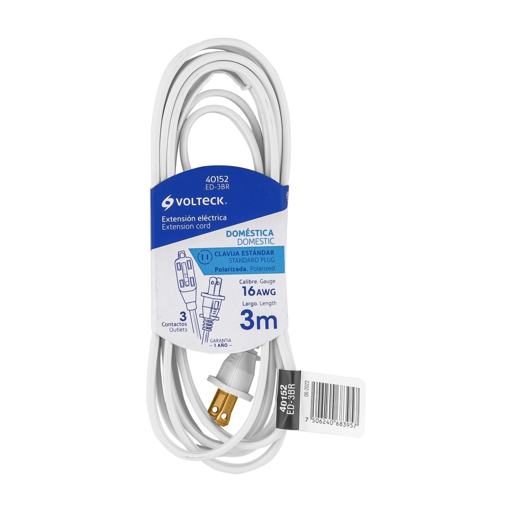 [T40152] Extensión eléctrica doméstica 3 m blanca con clavija recta