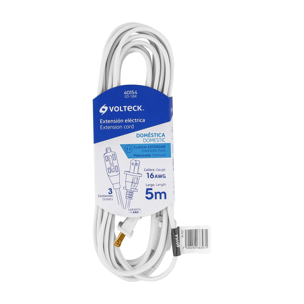 [T40154] Extensión eléctrica doméstica 5 m blanca con clavija recta