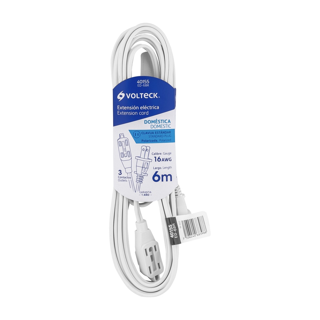 [T40155] Extensión eléctrica doméstica 6 m blanca con clavija recta