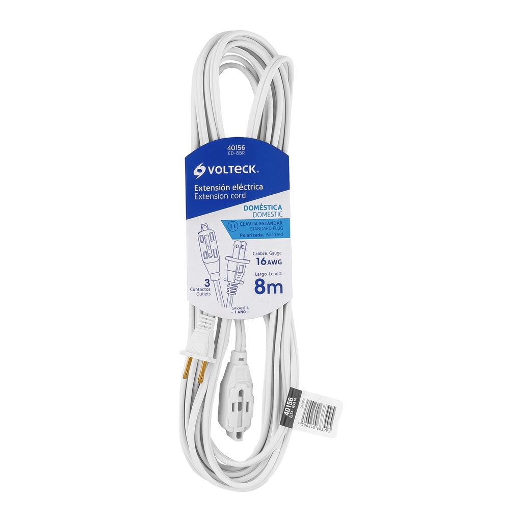 [T40156] Extensión eléctrica doméstica 8 m blanca con clavija recta