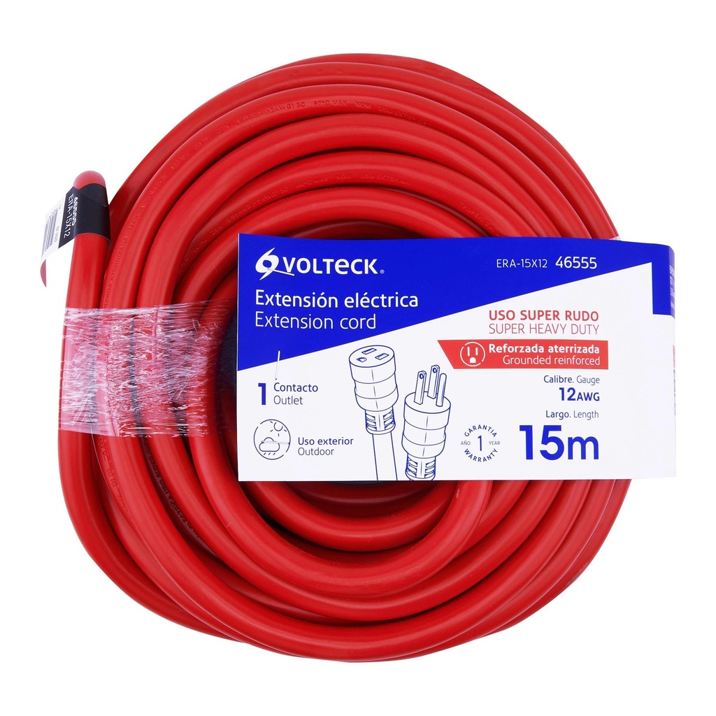 Extensión reforzada aterrizada 15 m 3x12 AWG, Volteck - Pag 552