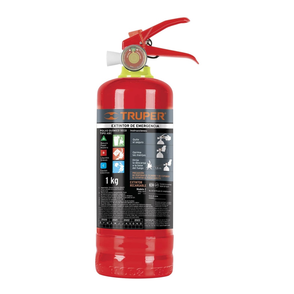 Extintor portátil recargable 1 kg, polvo tipo ABC, Truper