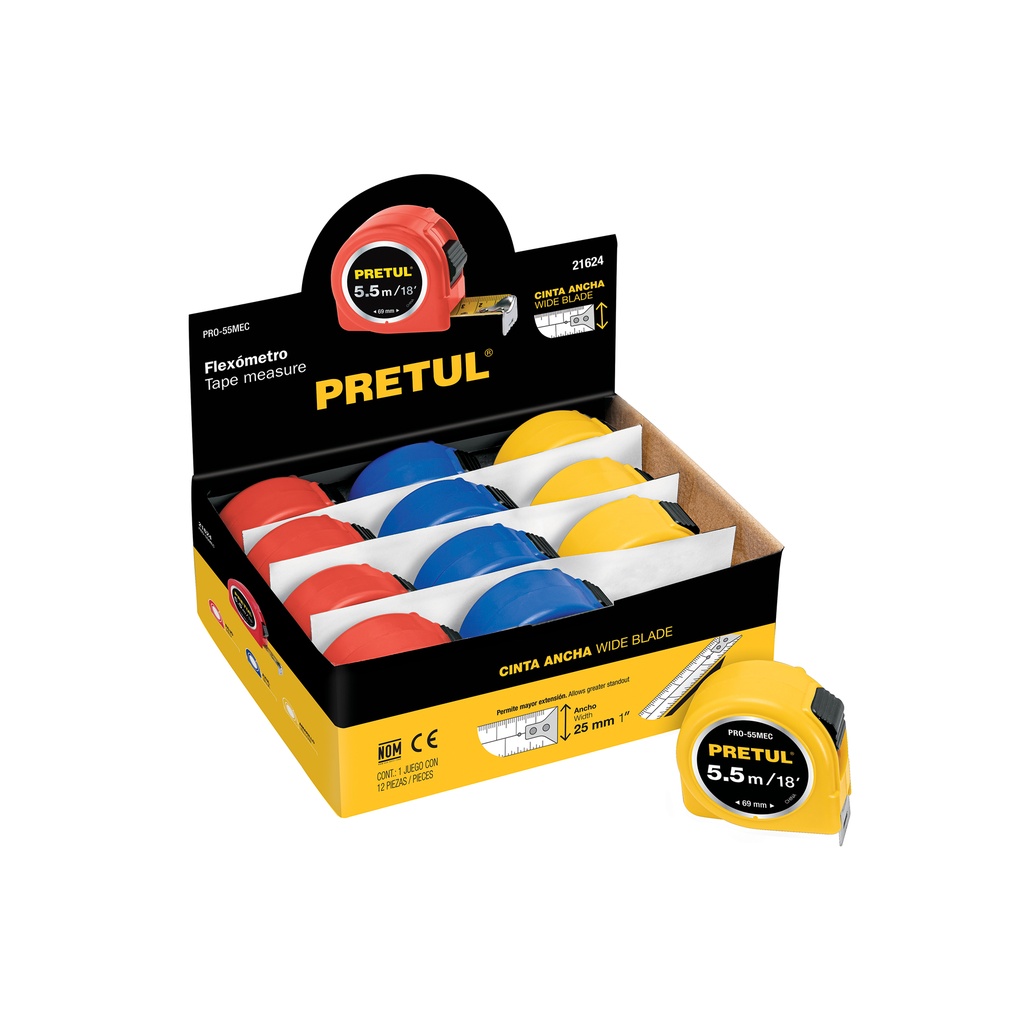 Flexómetro 5.5 m cinta 25 mm, display box con 12 pz, Pretul