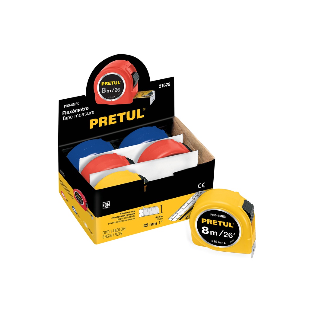 Flexómetro 8 m cinta 25 mm, display box con 6 pzas, Pretul - Pag 163
