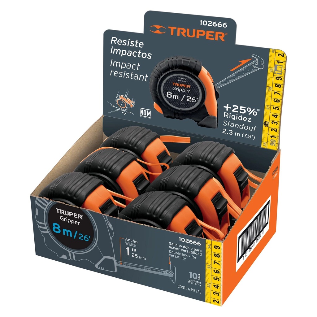 [T102666] Flexómetro Gripper 8 m cinta 25 mm display box con 6 piezas