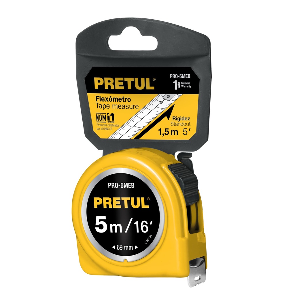 Flexómetro amarillo 5 m cinta 19 mm, en tarjeta, Pretul - Pag 163