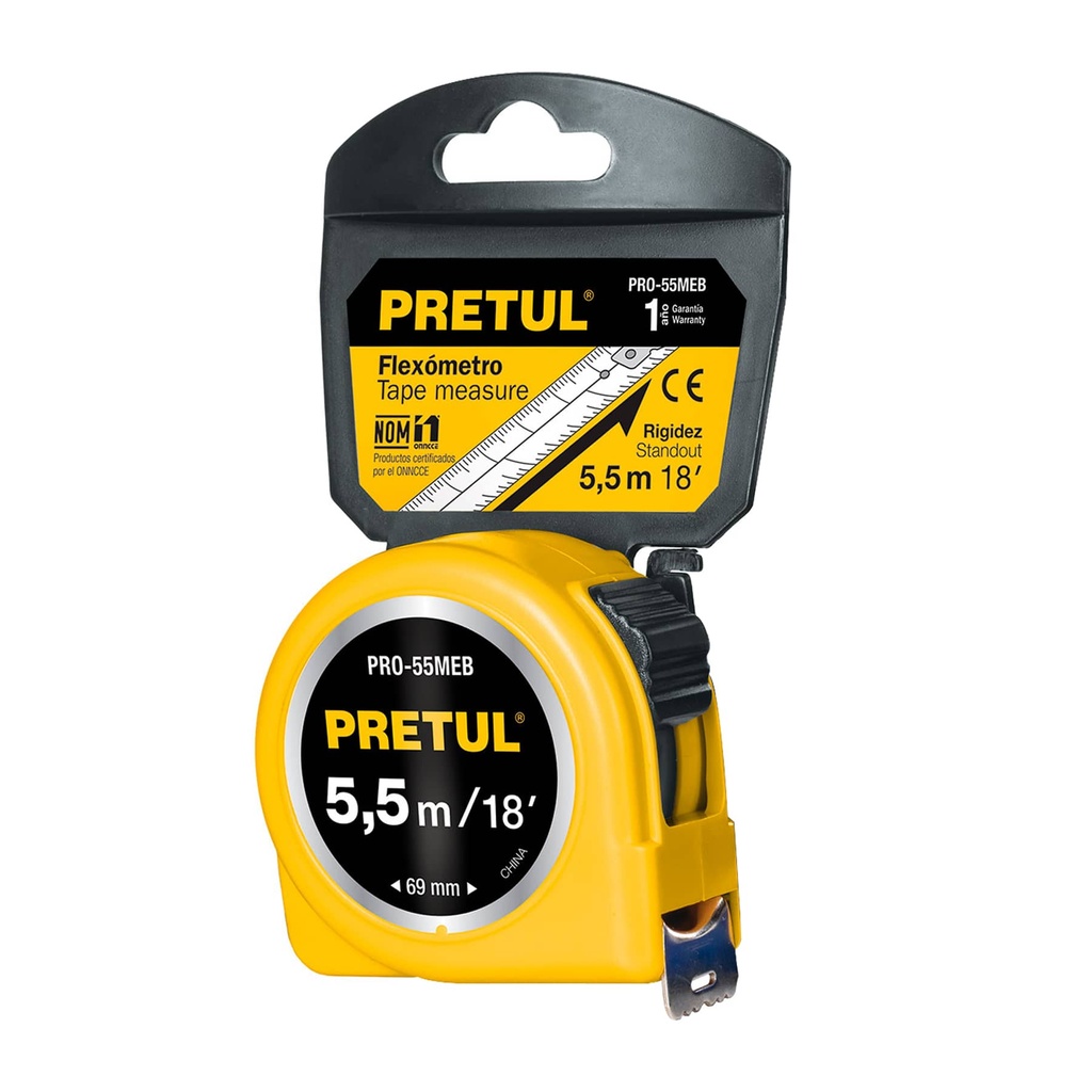 [T28022] Flexómetro amarillo 5.5 m cinta 25 mm, en tarjeta, Pretul