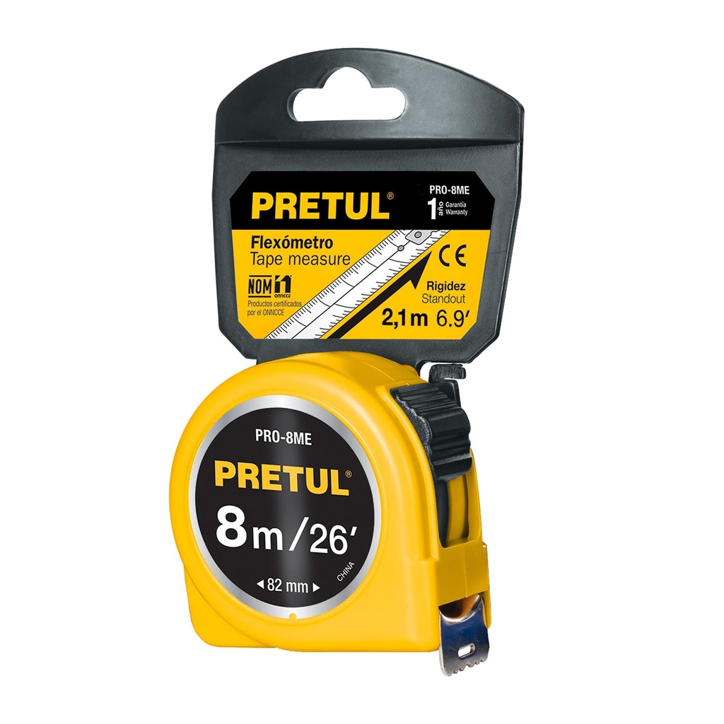 Flexómetro amarillo 8 m cinta 25 mm, en tarjeta, Pretul - Pag 163