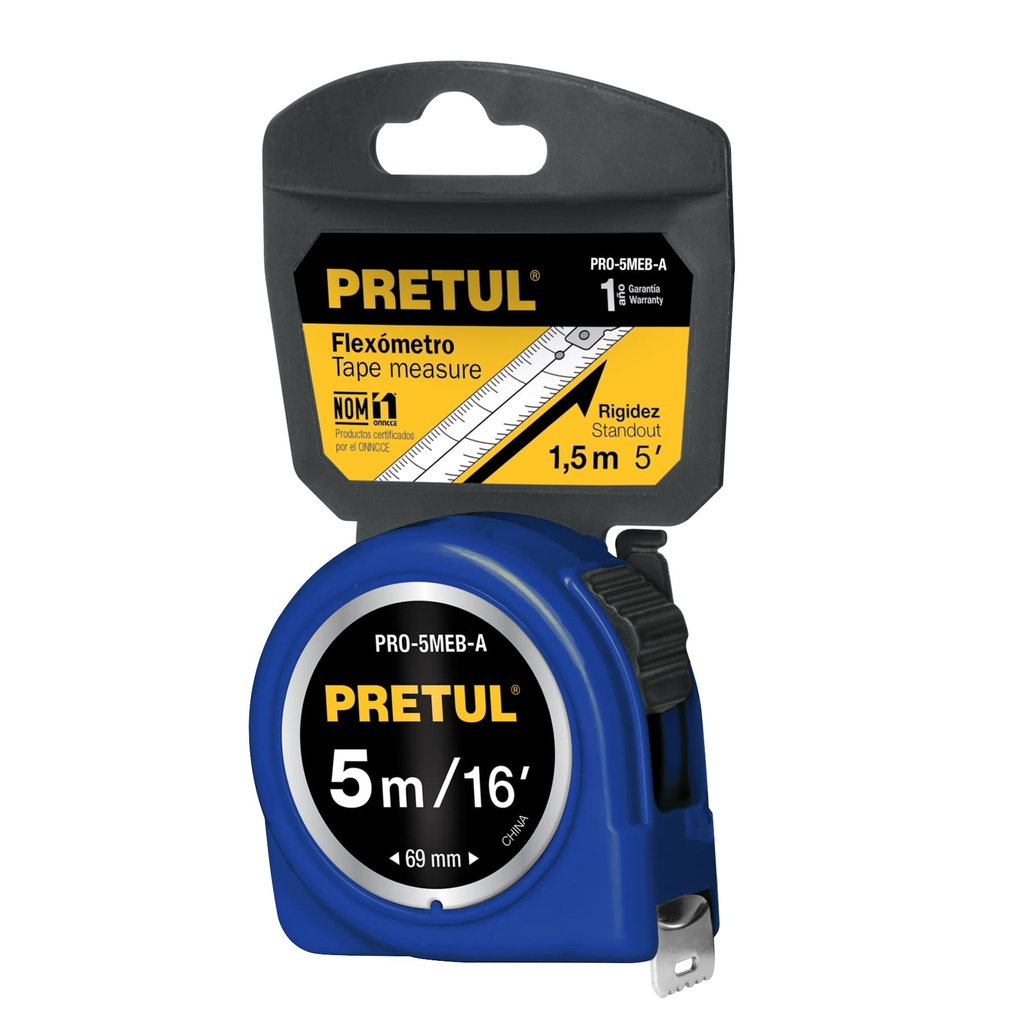 [T21610] Flexómetro azul 5 m cinta 19 mm, en tarjeta, Pretul