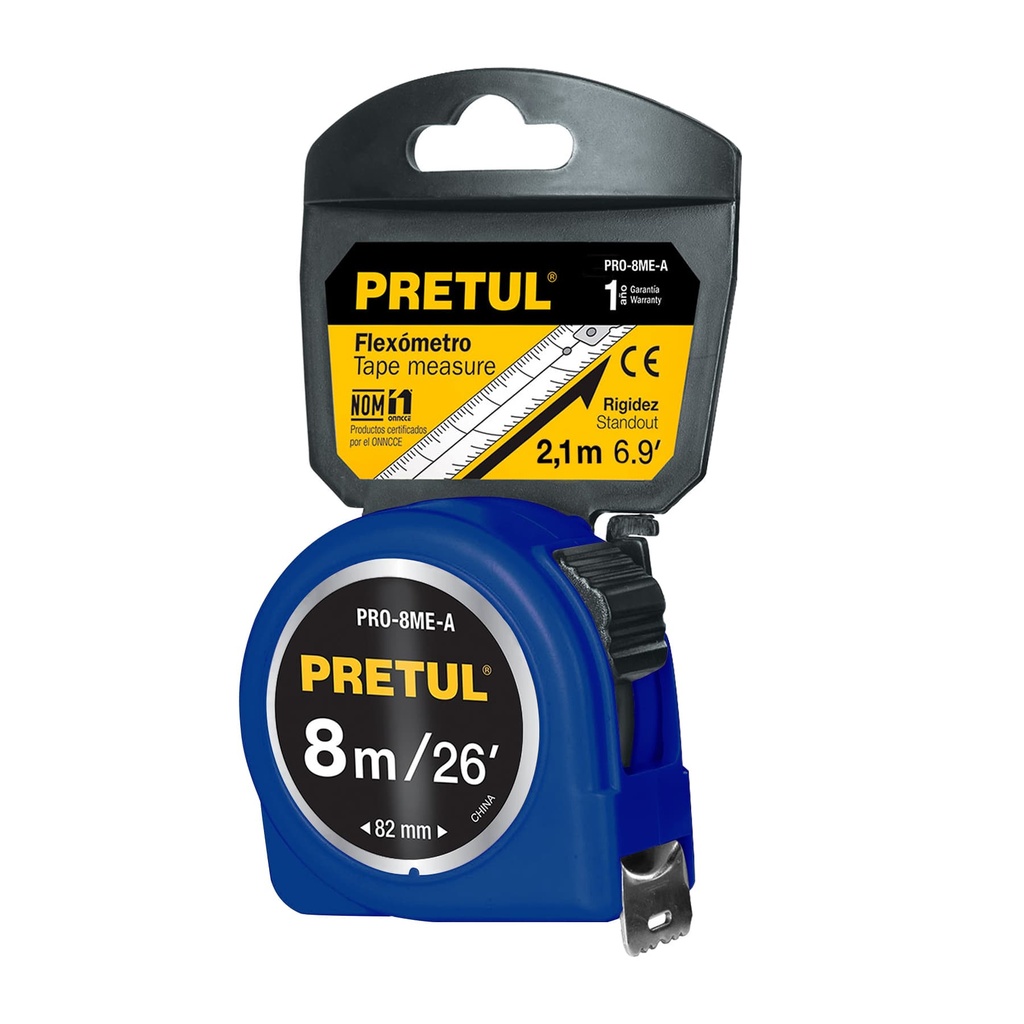 [T29998] Flexómetro azul 8 m cinta 25 mm, en tarjeta, Pretul