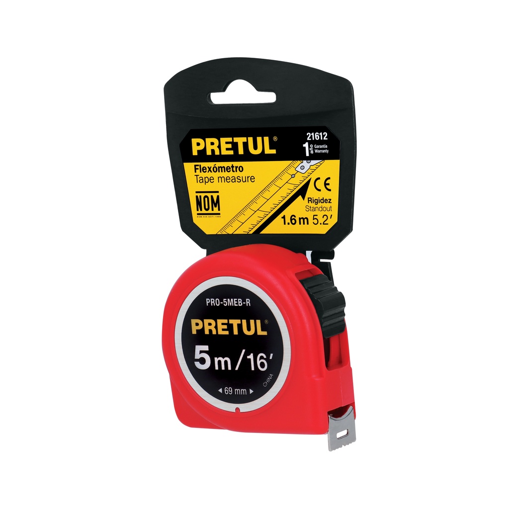 Flexómetro verde 5 m cinta 19 mm, en tarjeta, Pretul