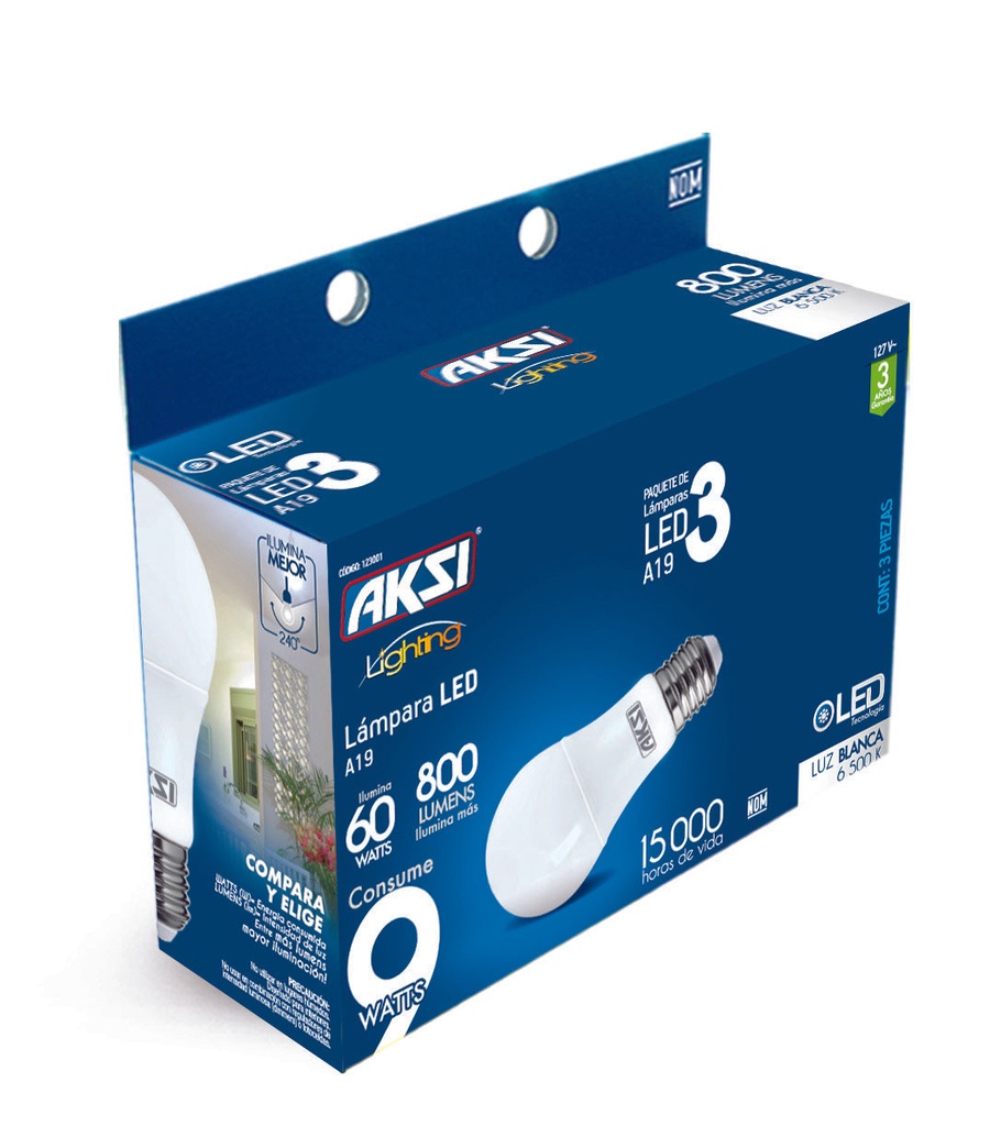 Foco LED 3PACK-A19 9W luz blanca, caja color AK