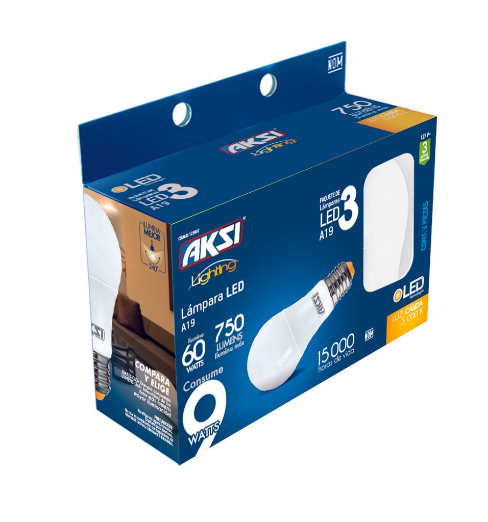 Foco LED 3PACK-A19 9W luz calida, caja color