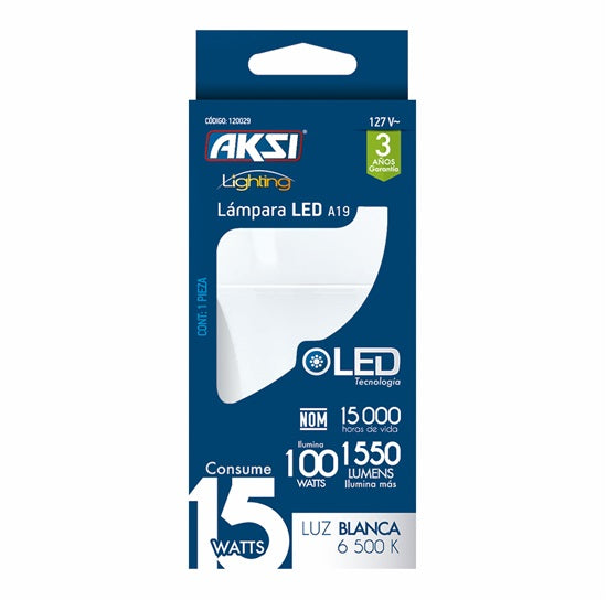 Foco LED A19 15W luz blanca, caja color