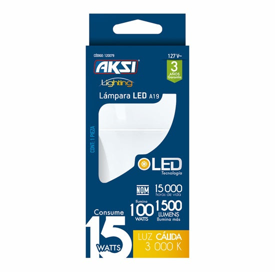 Foco LED A19 15W luz calida, caja color