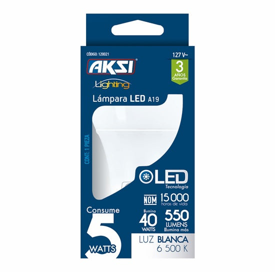 Foco LED A19 5W luz blanca, caja color