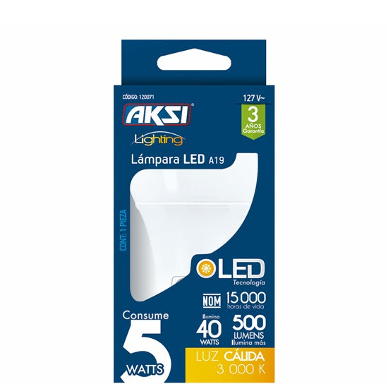 Foco LED A19 5W luz calida, caja color