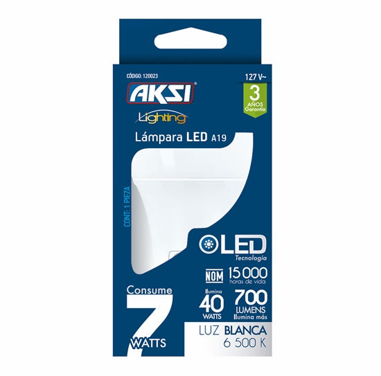 Foco LED A19 7W luz blanca, caja color