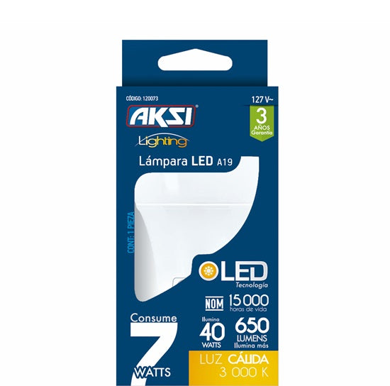 Foco LED A19 7W luz calida, caja color