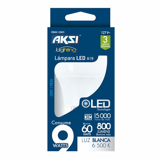Foco LED A19 9W luz blanca, caja color