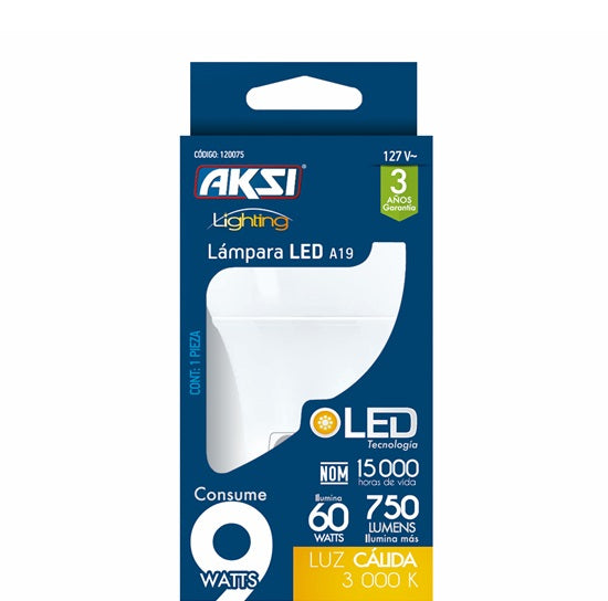 Foco LED A19 9W luz calida, caja color