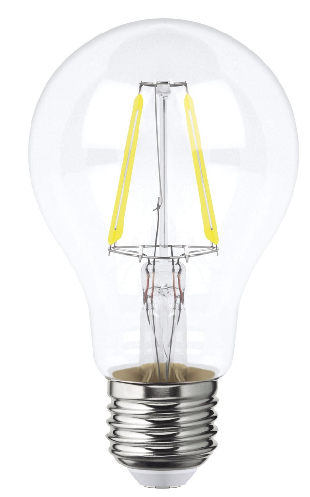 Foco LED filamentos A19 4W luz calida, caja color