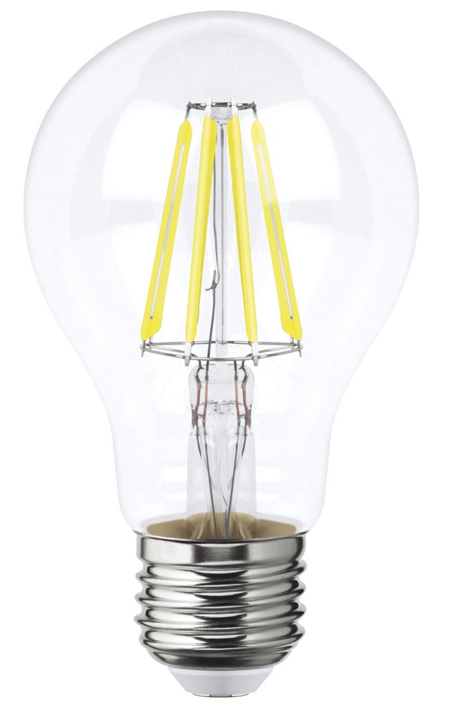 Foco LED filamentos A19 6W luz calida, caja color