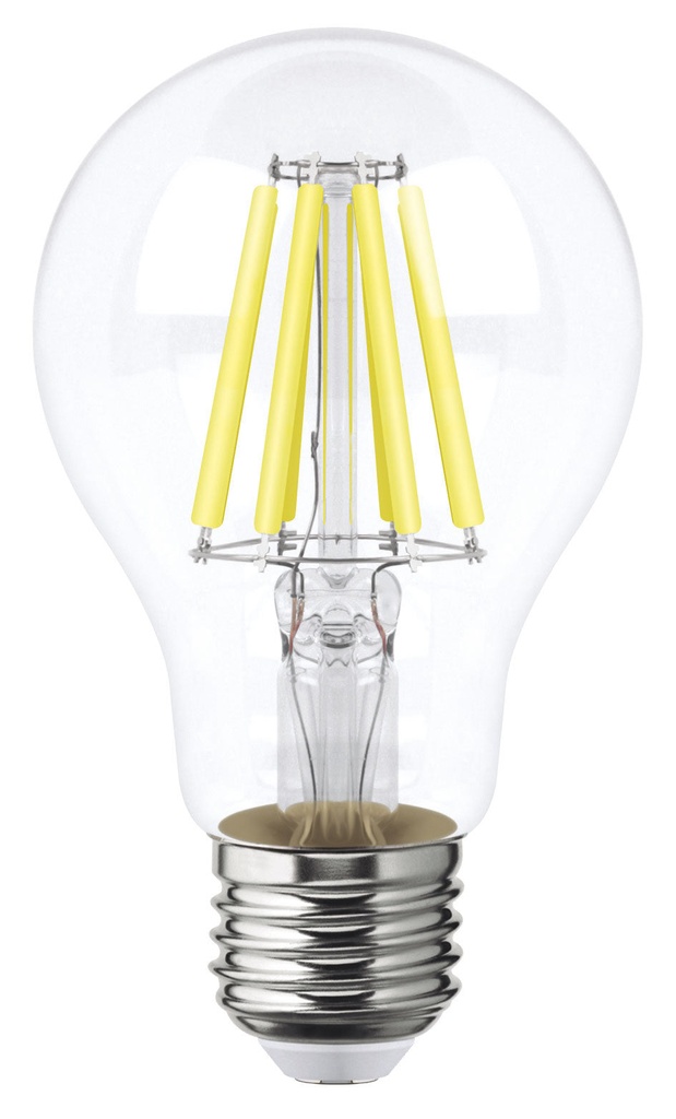 Foco LED filamentos A19 8W luz calida, caja color