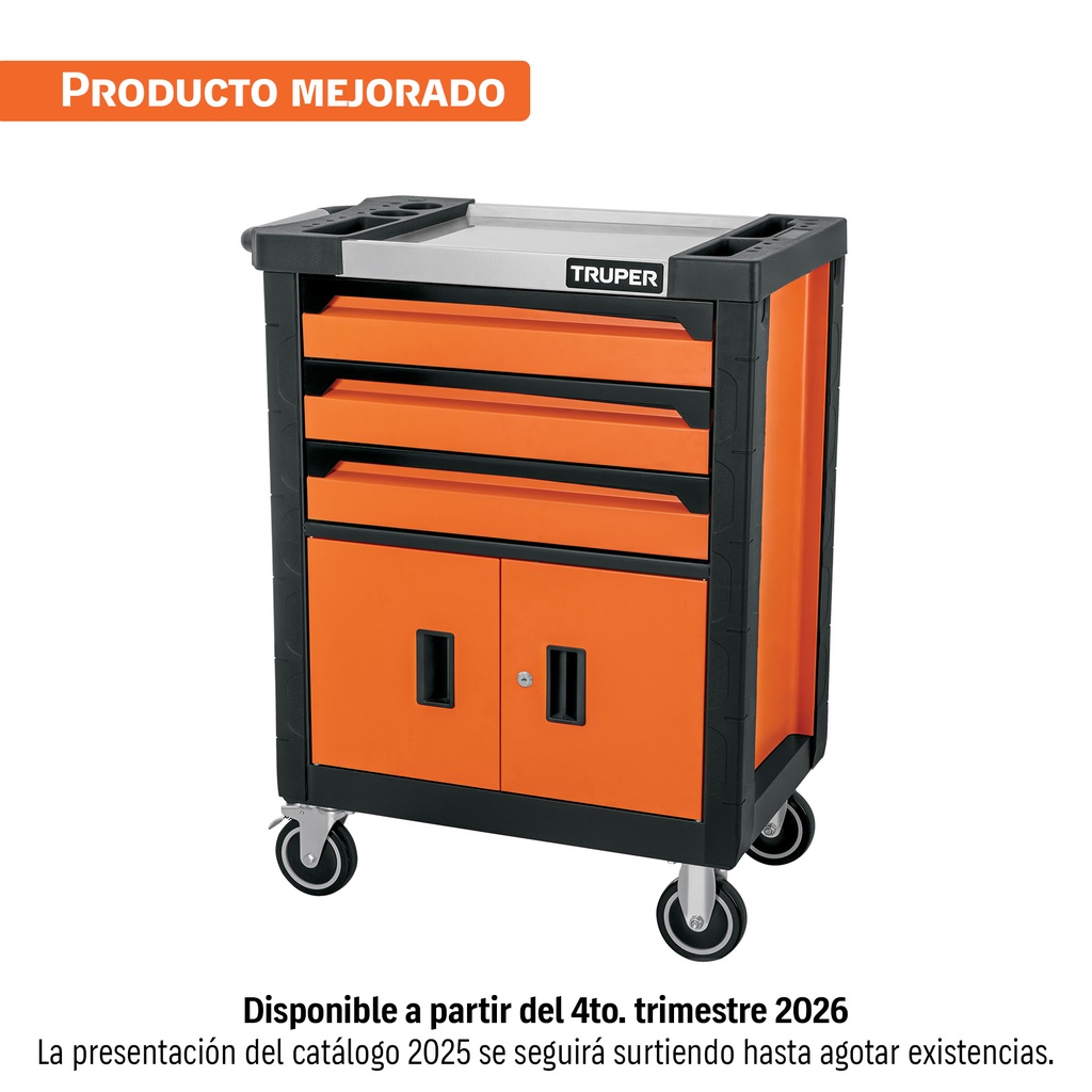 Gabinete metálico móvil, 4 cajones, capacidad 90 kg, Truper
